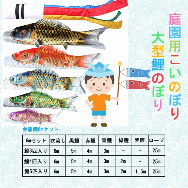 鯉のぼり こいのぼり 6mセット 大型 吹流し6m 【特選】 お庭 最高級鯉のぼり 子供の日 【庭園用鯉のぼり】鯉幟 五月人形 端午の節句 高級ポリエステルサテン生地 - 画像 (2)