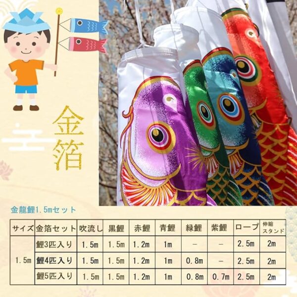 鯉のぼり こいのぼり 金箔 ミニ 1.5ｍセット 2m伸縮ポール付 吹流し1.5m 初節句 鯉のぼり 金箔ぼかし 撥水加工 ベランダ用 こいのぼり マンション 五月人形 端午の節句 高級ポリエステルサテン生地 - 画像 (8)