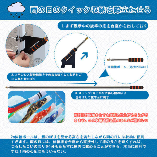 OKBABY 鯉のぼり こいのぼりミニ 1.3mセット ベランダ コンパクト 初節句 2m伸縮ポール付 子供の日 端午の節句 五色吹流し1.3m 黒鯉1.2m 赤鯉1.1m 青鯉1m 緑鯉0.8m 紫鯉0.7m 鯉のぼりセット 高級ポリエステルサテン使用 - 画像 (5)