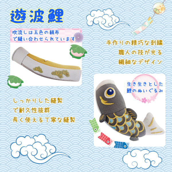 こいのぼり 鯉のぼり 室内 卓上 コンパクト タペストリー ミニ インテリア 端午の節句 初節句 2025新作 鯉3匹 かわいい ふんわり ぬいぐるみ 天然木台付き 高さ44cm 青 金糸刺繍 ちりめん オシャレ 遊波鯉 元気人形工房 - 画像 (6)