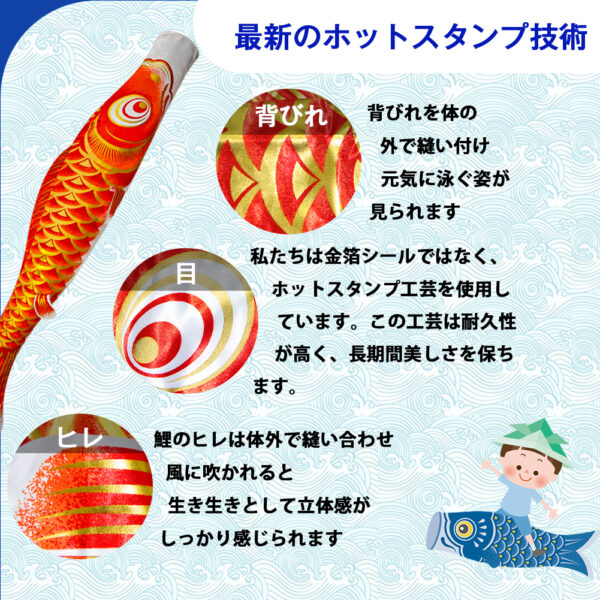 元気人形工房 鯉のぼり こいのぼり 1.3mセット 金箔 ベランダ ミニ コンパクト 初節句 子供の日 端午の節句 2025 五色吹流し1.3m 黒鯉1.2m 赤鯉1.1m 青鯉1m 緑鯉0.8m 紫鯉0.7m 端午の節句 インストール道具 2m伸縮旗ポール付 高級ポリエステル生地 ゴールド - 画像 (5)