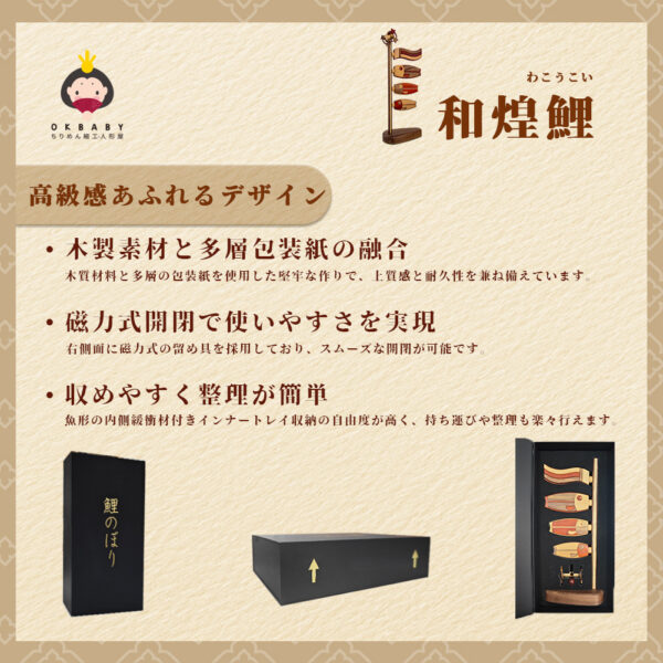 木製 鯉のぼり こいのぼり 端午の節句 初節句 五月人形 室内鯉幟 こどもの日 天然木製台付 マグネット付き 鯉飾り 卓上 おしゃれ 和煌鯉 おもちゃ - 画像 (4)