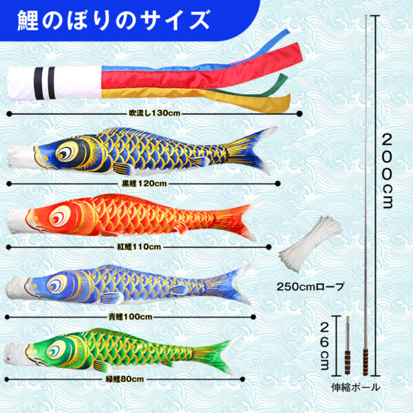 元気人形工房 鯉のぼり こいのぼり 1.3mセット 金箔 ベランダ ミニ コンパクト 初節句 子供の日 端午の節句 2025 五色吹流し1.3m 黒鯉1.2m 赤鯉1.1m 青鯉1m 緑鯉0.8m 紫鯉0.7m 端午の節句 インストール道具 2m伸縮旗ポール付 高級ポリエステル生地 ゴールド - 画像 (3)