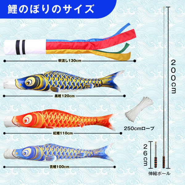 元気人形工房 鯉のぼり こいのぼり 1.3mセット 金箔 ベランダ ミニ コンパクト 初節句 子供の日 端午の節句 2025 五色吹流し1.3m 黒鯉1.2m 赤鯉1.1m 青鯉1m 緑鯉0.8m 紫鯉0.7m 端午の節句 インストール道具 2m伸縮旗ポール付 高級ポリエステル生地 ゴールド - 画像 (4)